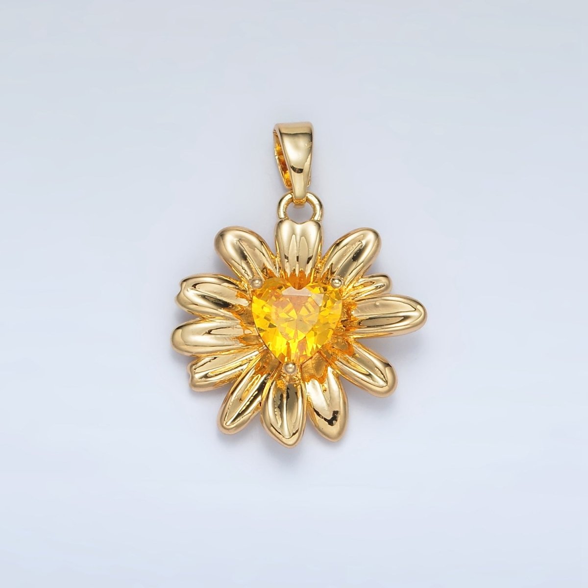 24K Gold Filled 18mm Yellow Heart CZ Sunflower Pendant in Gold & Silver | AA1390