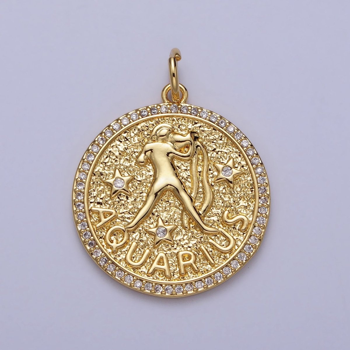 24K Gold Filled Zodiac Birth Star Hammered Round Micro Paved CZ Charm | A-A1773-A-A1778