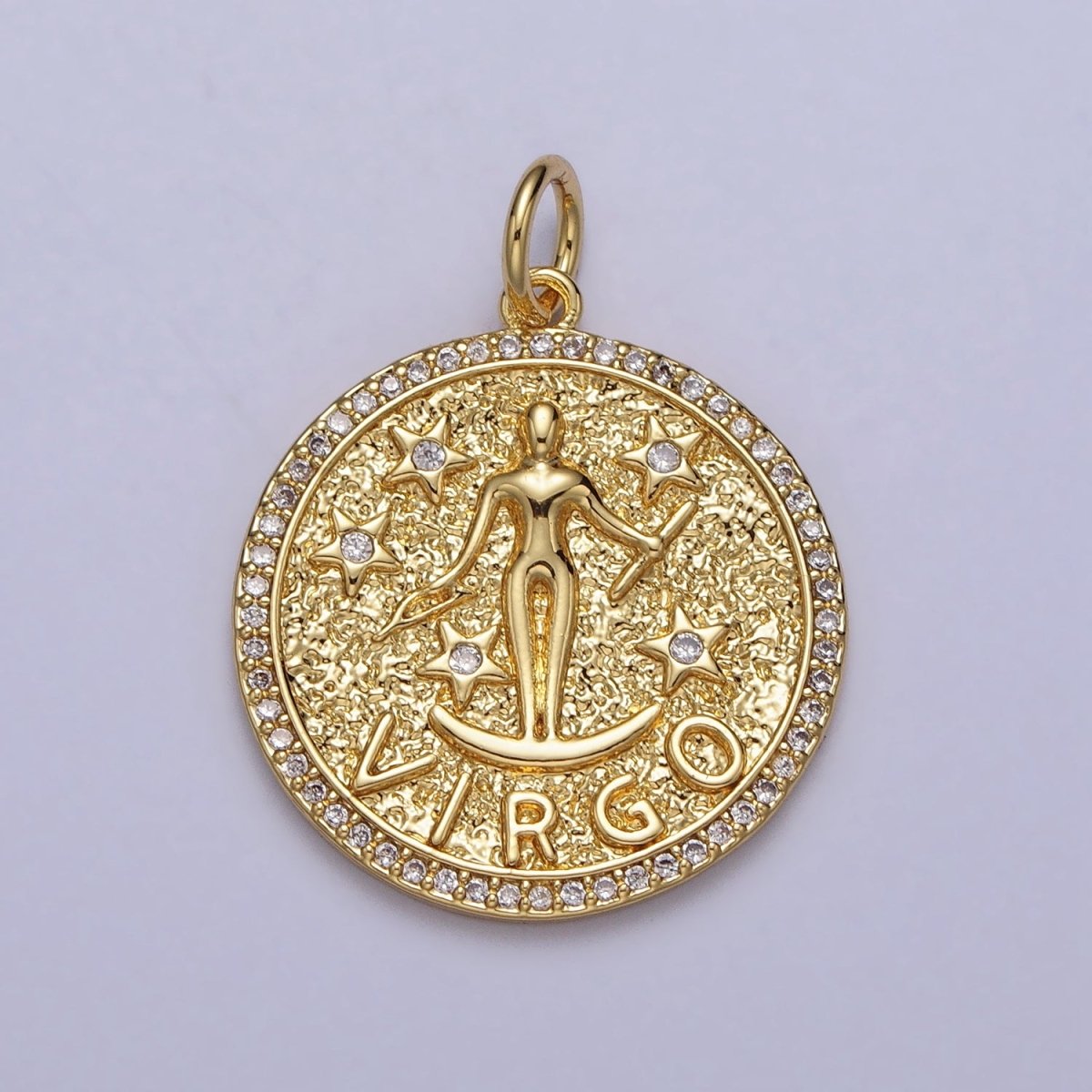 24K Gold Filled Zodiac Birth Star Hammered Round Micro Paved CZ Charm | A-A1773-A-A1778