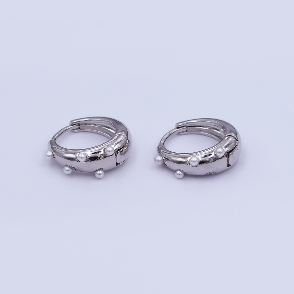 24K Gold Plated 14.5mm Shell Pearl Dotted Huggie Earrings in Gold & Silver | AE423 AE628