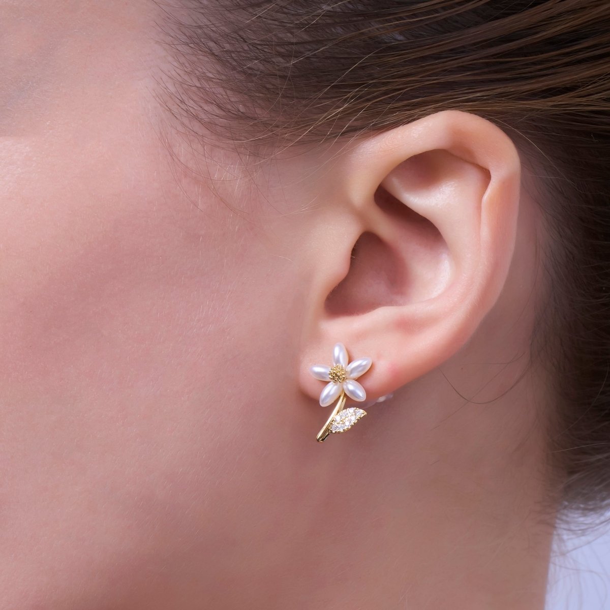 24K Gold Plated Shell Pearl Micro Paved CZ Flower Stud Earrings in Gold & Silver | AB201 AB202