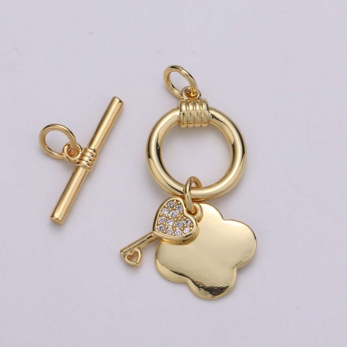 24K Gold Toggle Clasp with Love Key CZ Crystal and Shamrock Clover Toggle Clasp L-069 L-070