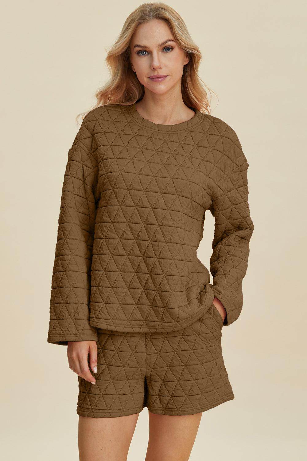 Double Take Full Size Texture Round Neck Long Sleeve Top and Shorts Set for Women