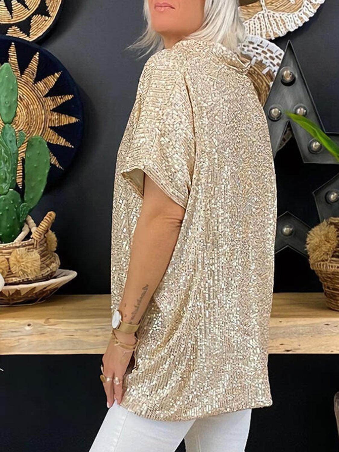 Full Size Sequin V-Neck Short Sleeve Top for Women