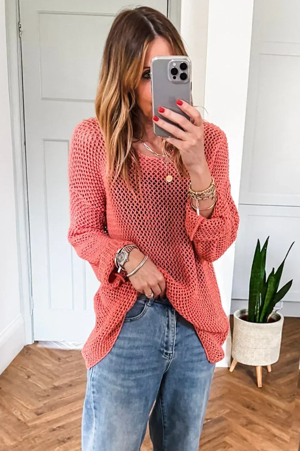 Smoke Gray Crochet Hollow-out Knit Sweater