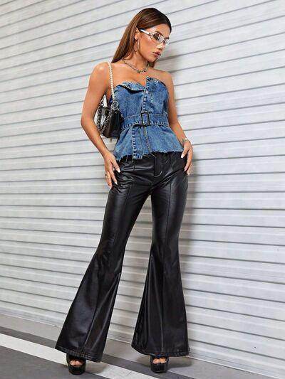 Buttoned Raw Hem Tube Denim Top for Stylish Comfort