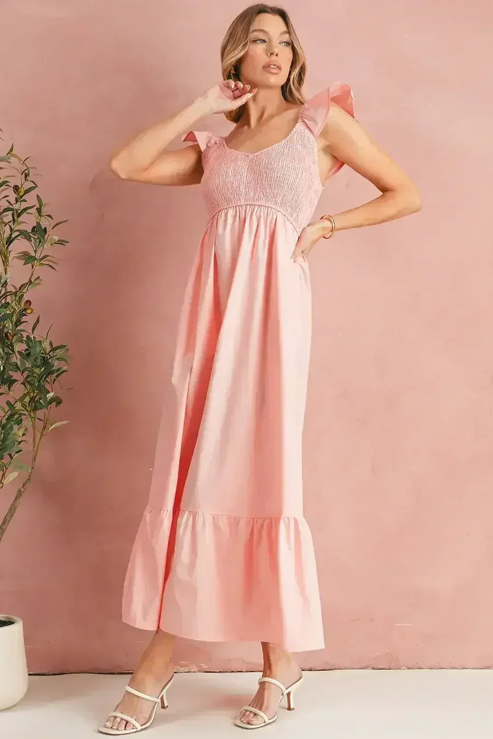 Black V Neck Flutter Sleeve Smocked Bodice High Waist Ruffle Maxi Dress