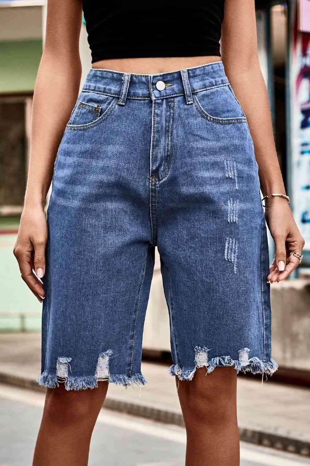 Raw Hem High Waist Denim Shorts with Pockets for Women