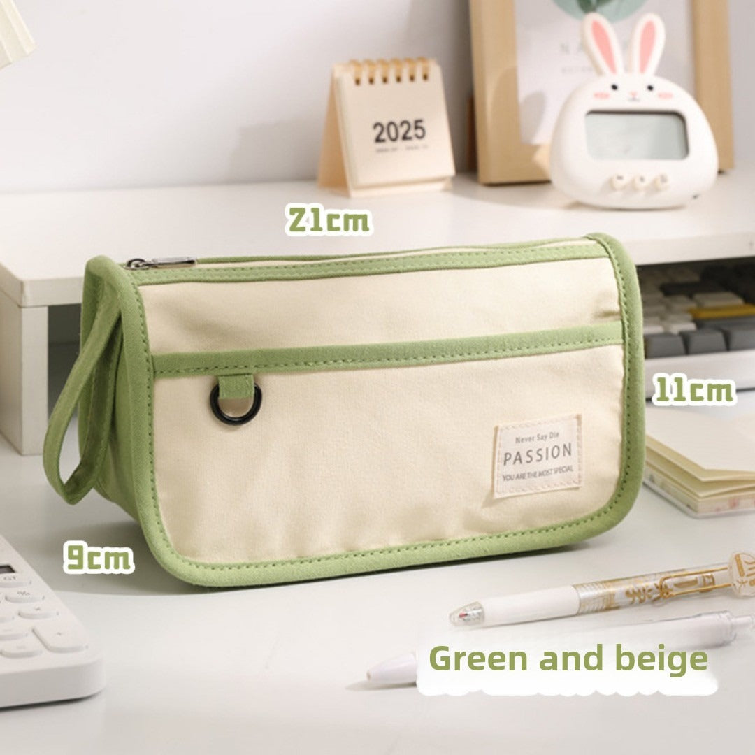Color Matching Large-Capacity Canvas Pencil Case - Double-Layer Simple Design for Student Stationery Box