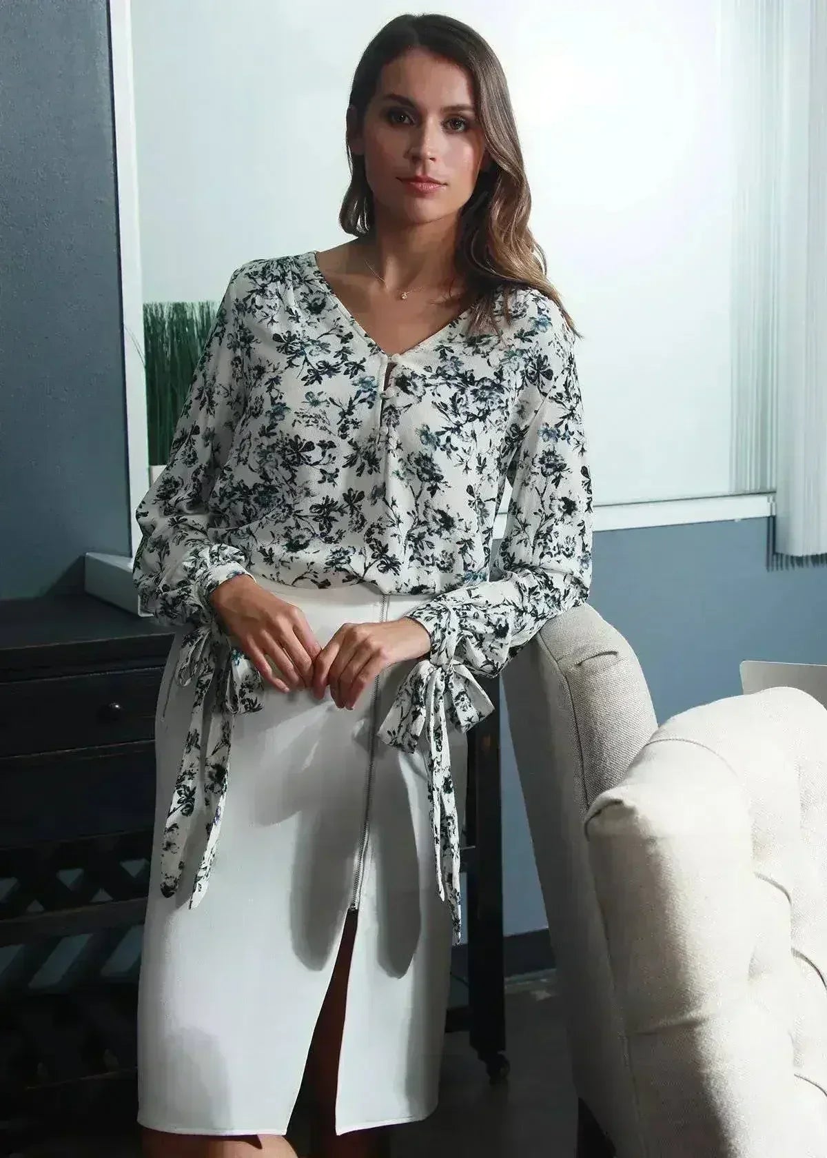 Ivory Floral V-neck Tie Cuff In Garden Blouse | Femstylo