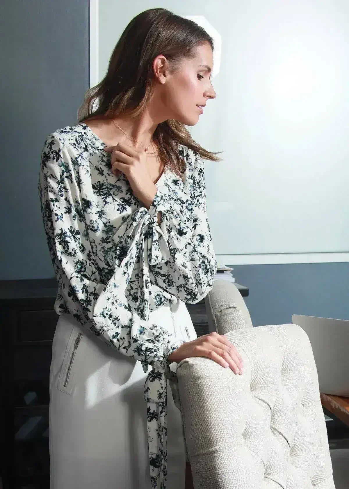 Ivory Floral V-neck Tie Cuff In Garden Blouse | Femstylo