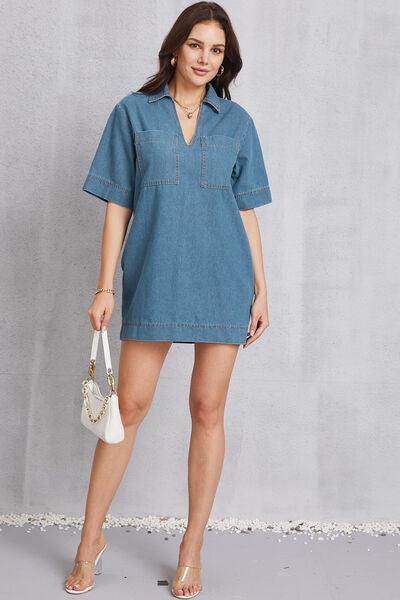 Stylish Pocketed Collared Neck Mini Denim Dress for Women