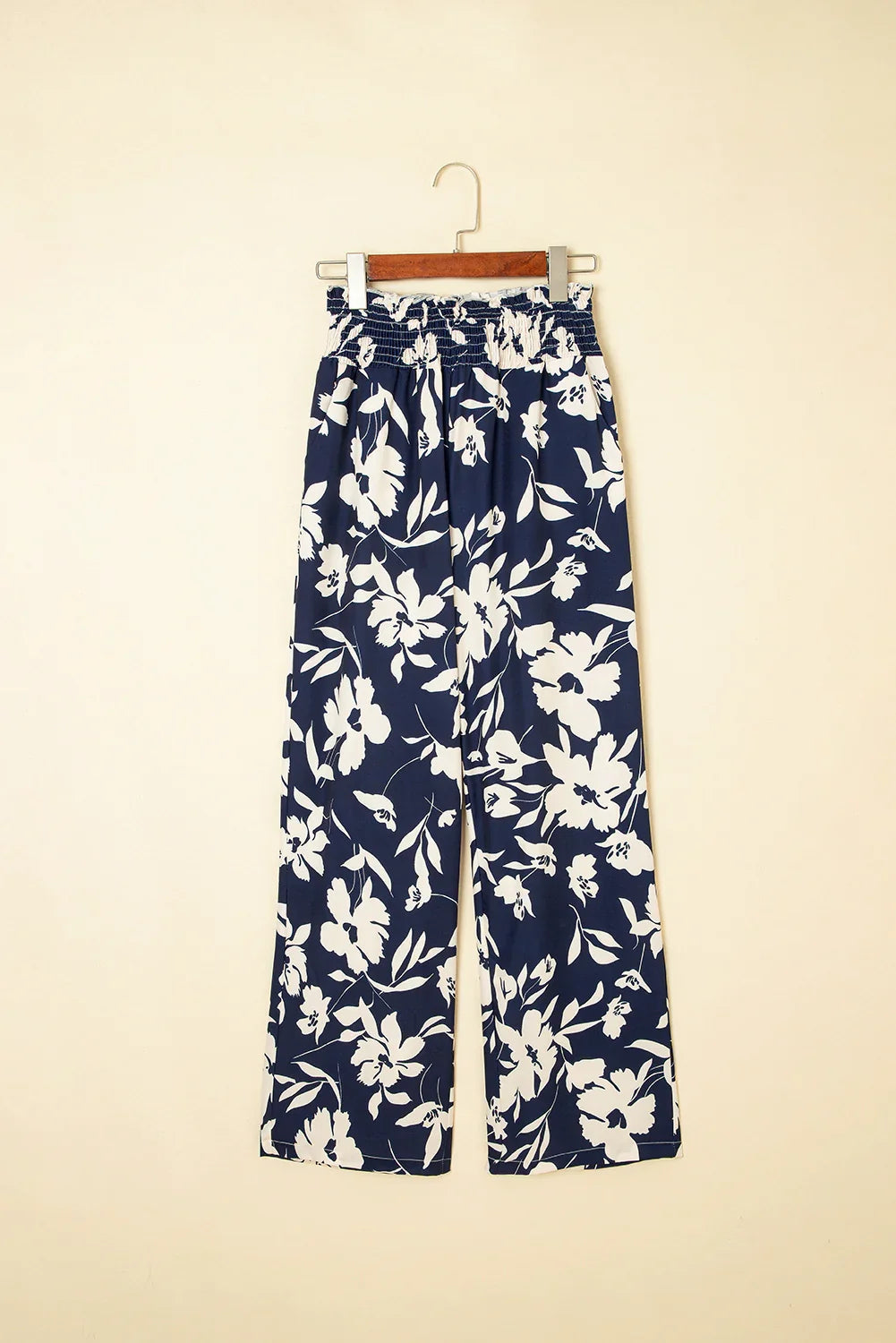 Blue Floral Smocked Frill Waist Wide Leg Pants