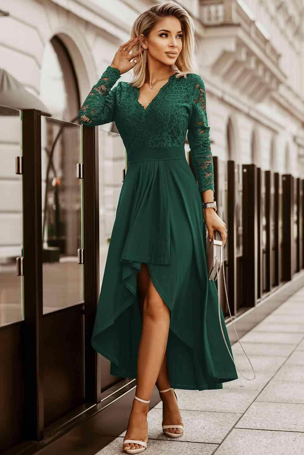 Lace High-Low V-Neck Dress for Elegant Evening Wear