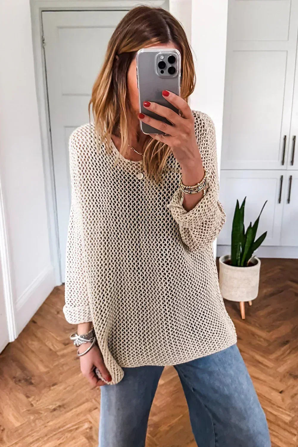 Smoke Gray Crochet Hollow-out Knit Sweater