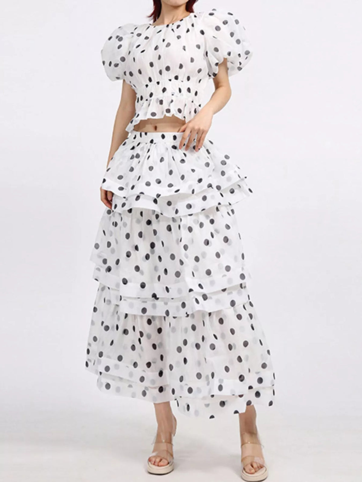 Polka Dot Puff Sleeve Top and Skirt Set