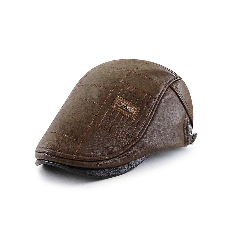 Fashionable All-match PU Leather Peaked Cap Fleece-lined Warm