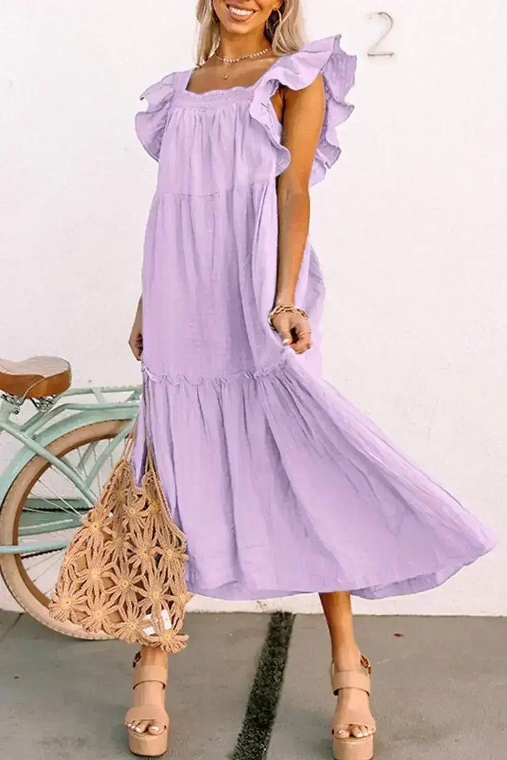 Purple Ruffled Flutter Sleeve Square Neck Textured Tiered Maxi Dress