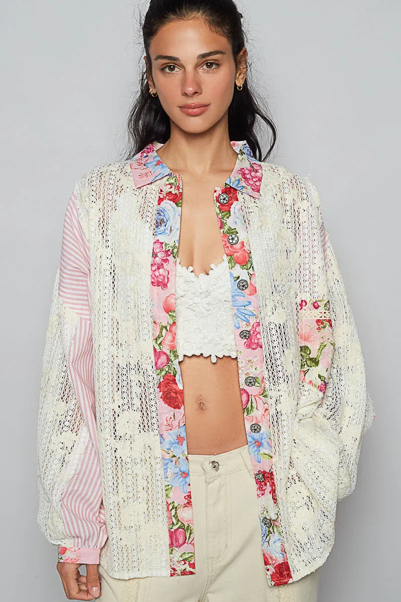 POL Lace Long Sleeve Shirt with Floral and Striped Pattern