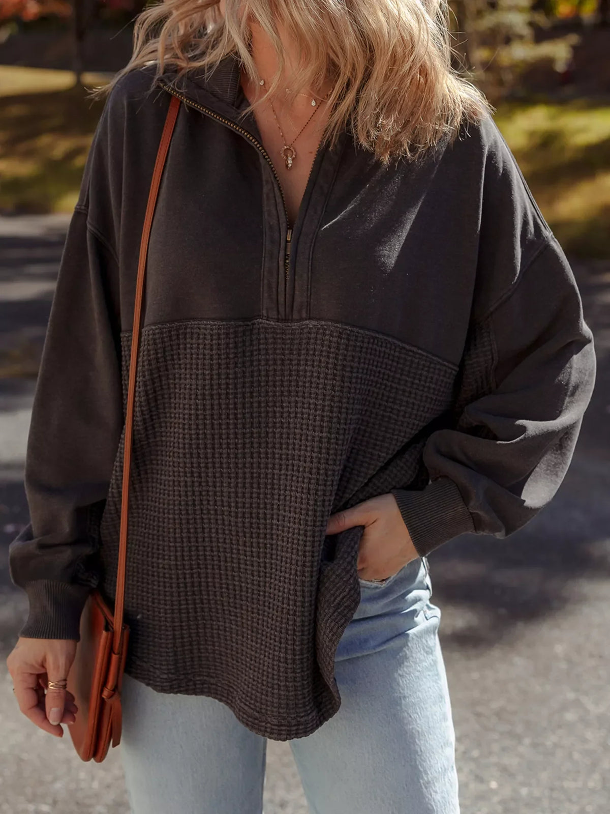 Waffle Knit Patchwork Half Zipped Casual Sweatshirt