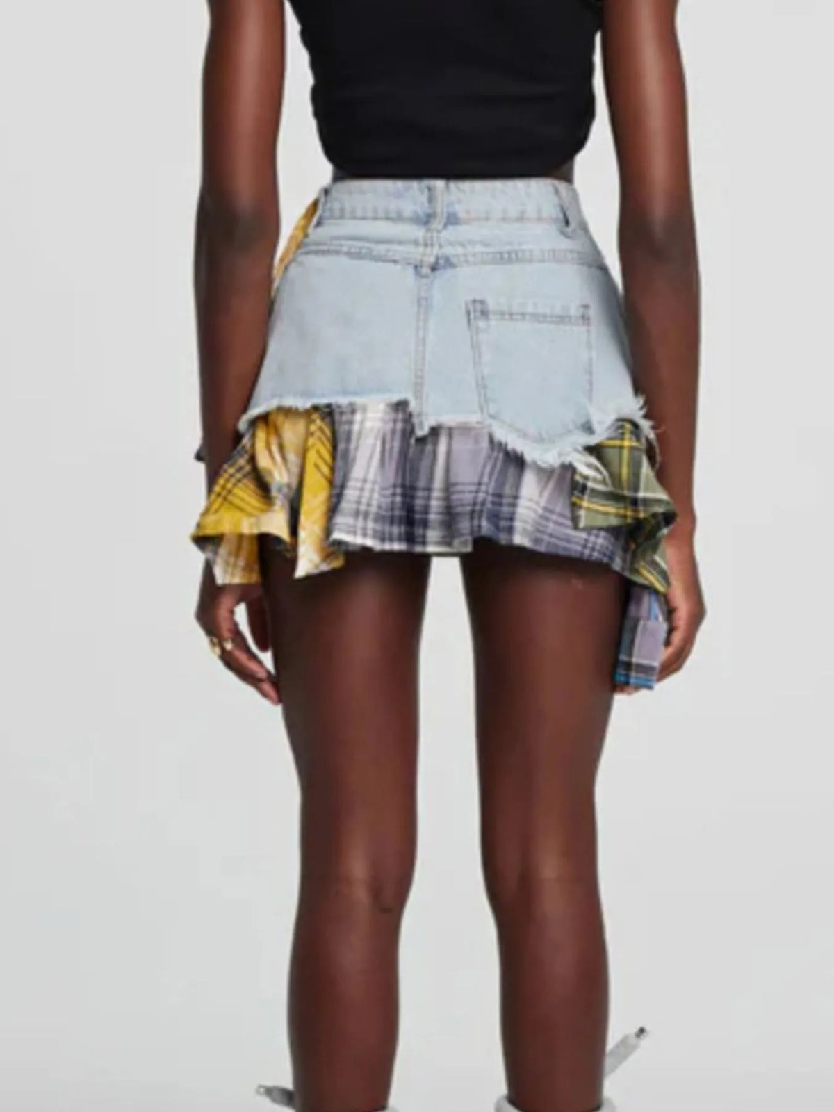 Raw Hem Denim Mini Skirt with Plaid Patch Details