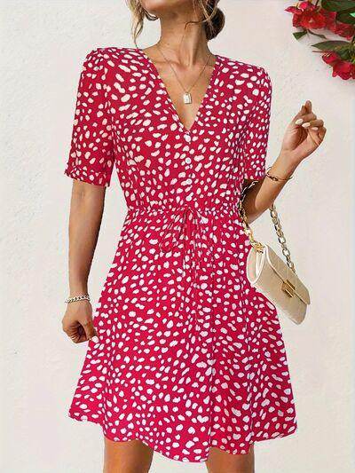 Printed V-Neck Short Sleeve Mini Dress for Women