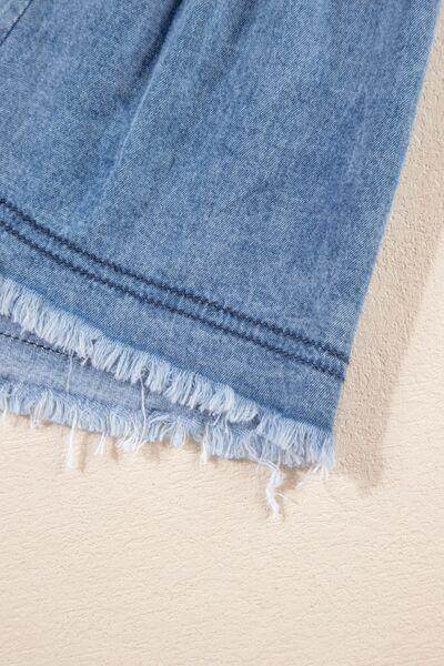 Raw Hem Collared Neck Short Sleeve Denim Dress for Women