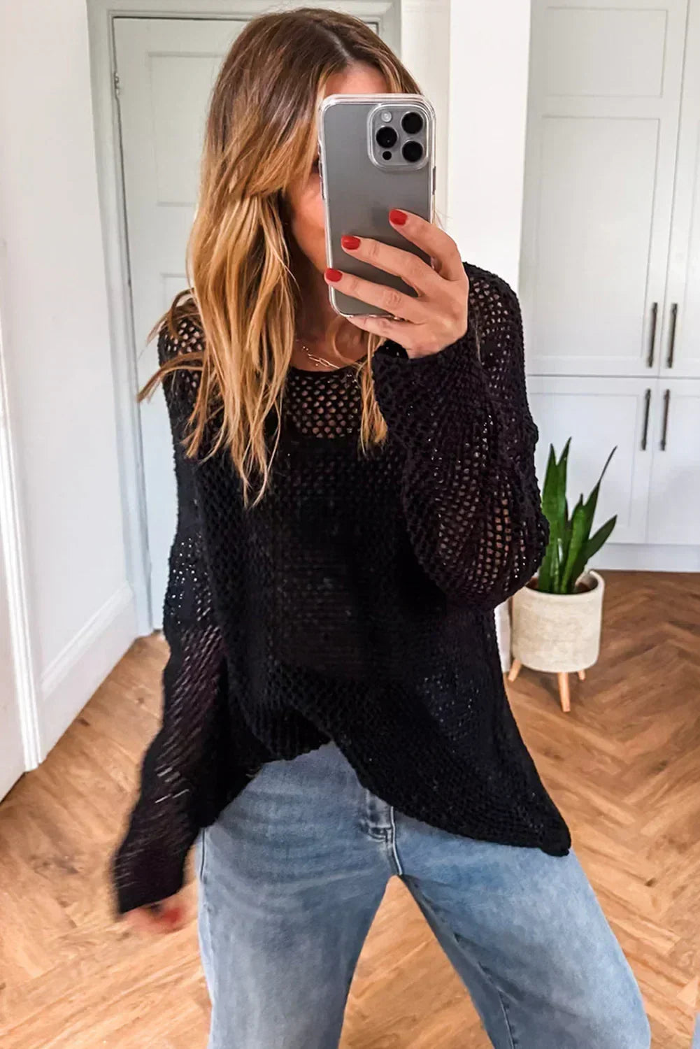 Smoke Gray Crochet Hollow-out Knit Sweater