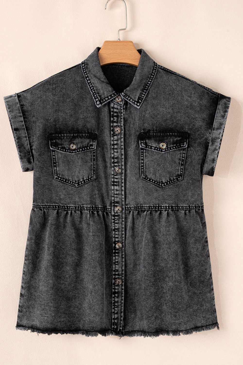 Short Sleeve Flap Pocket Button Up Raw Hem Denim Shirt