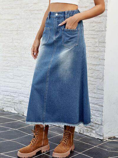 Raw Hem Buttoned Denim Skirt with Pockets for Women