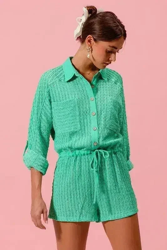 SO ME Textured Knit Button Front Romper