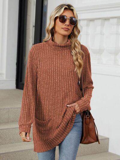Ribbed Mock Neck Long Sleeve T-Shirt for Women Stylish Wear