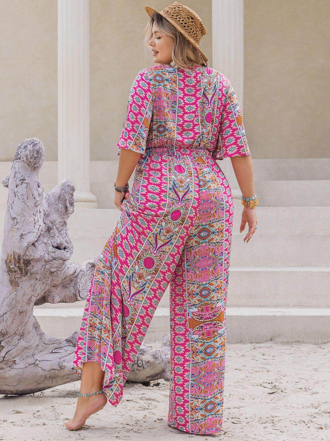 Plus Size Printed Half Sleeve Wide Leg Jumpsuit for Women