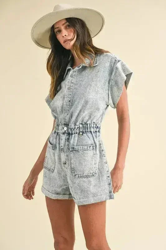 Annie Wear Elastic Waistband Short Sleeve Denim Romper