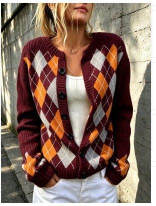 Long Sleeve Printed Small Coat Round Neck Cardigan