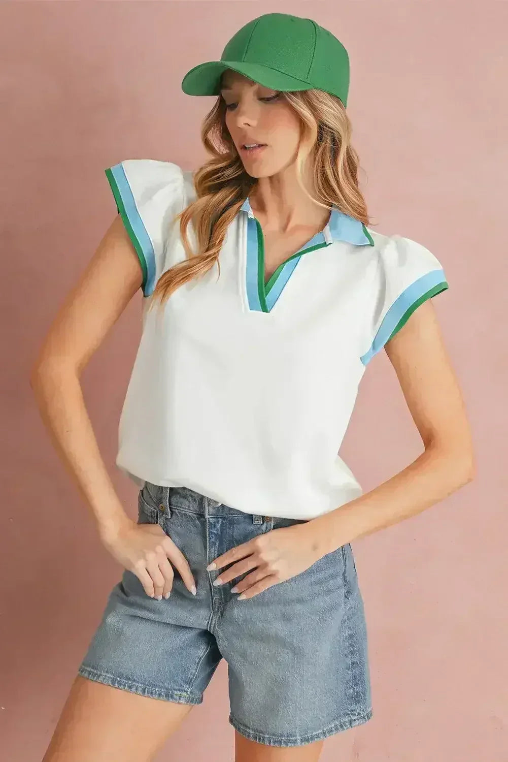 Beau Blue Color Collared V Neck Ruffle Sleeve Blouse | Femstylo