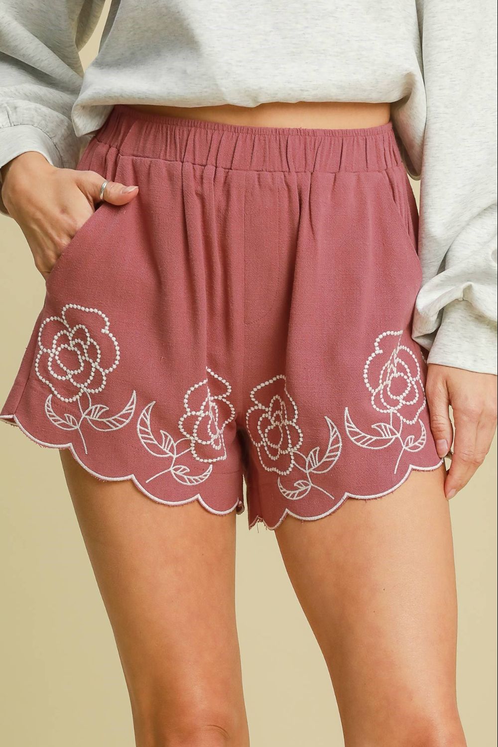 Umgee Full Size Linen Blend Shorts with Floral Embroidered Details Plus Size