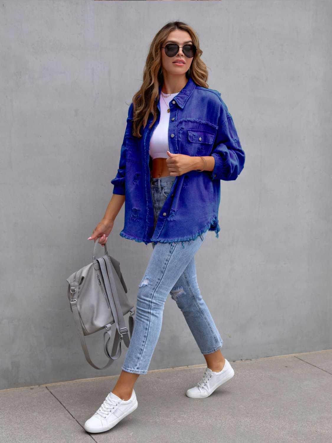 Distressed Drop Shoulder Denim Jacket for Casual Style