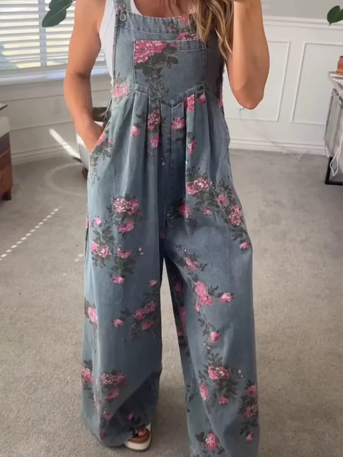 Floral Print Wide Leg Denim Overalls