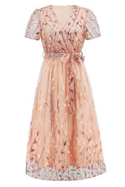 Sequin Leaf Embroidery Tie Front Short Sleeve Dress for Women