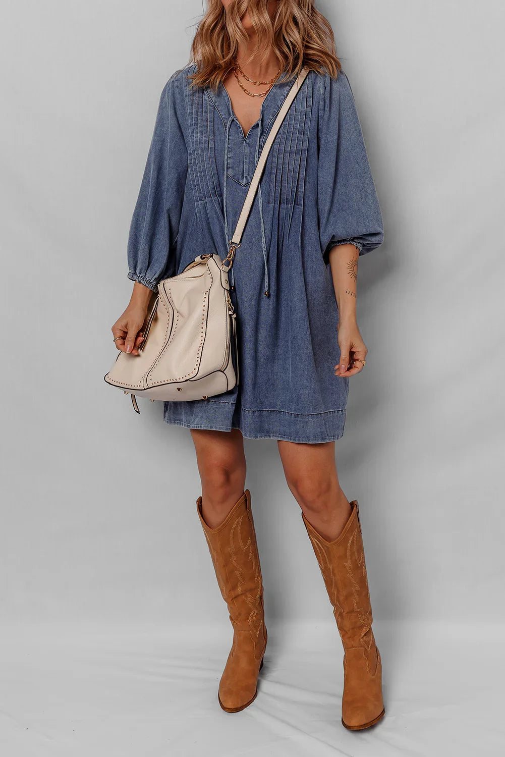 Sail Blue Pleated V Neck 3/4 Sleeve Denim Mini Dress