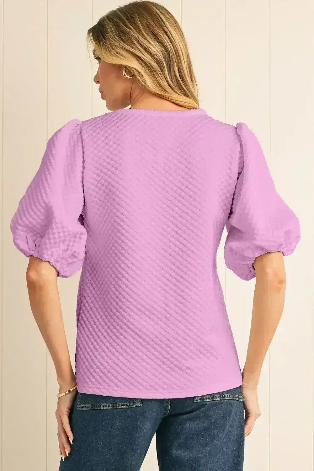 Phalaenopsis Solid Textured O Neck Puff Sleeve Blouse | Femstylo