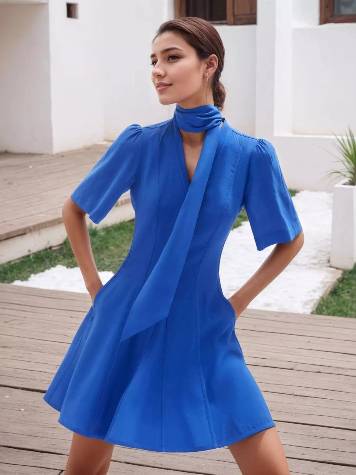 V-Neck Short Sleeve Dress with Pockets