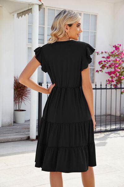 Ruched Notched Cap Sleeve Dress with Pockets and Stretch