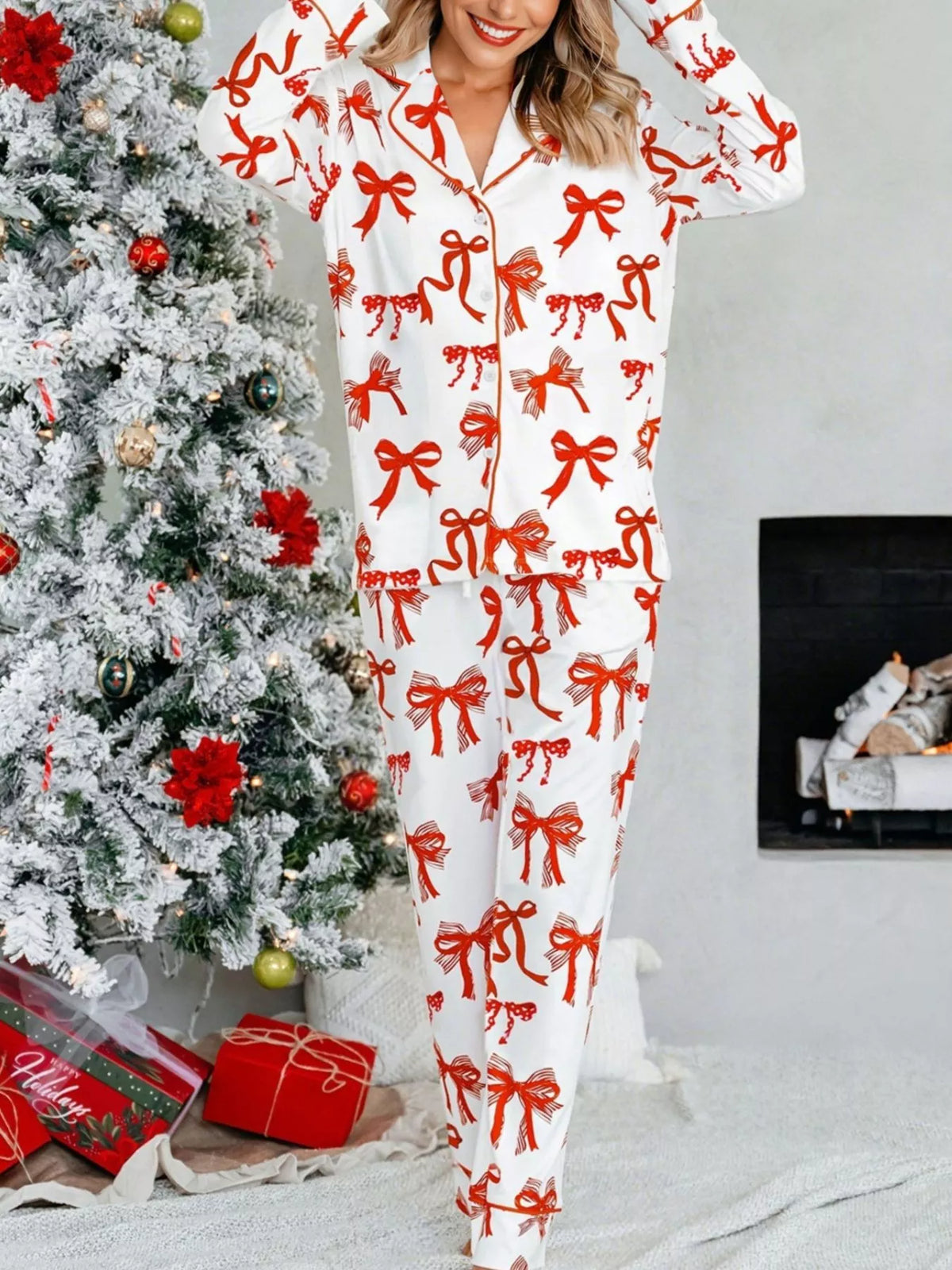 Christmas Bow Print Top and Pants 2pcs Pajama Set