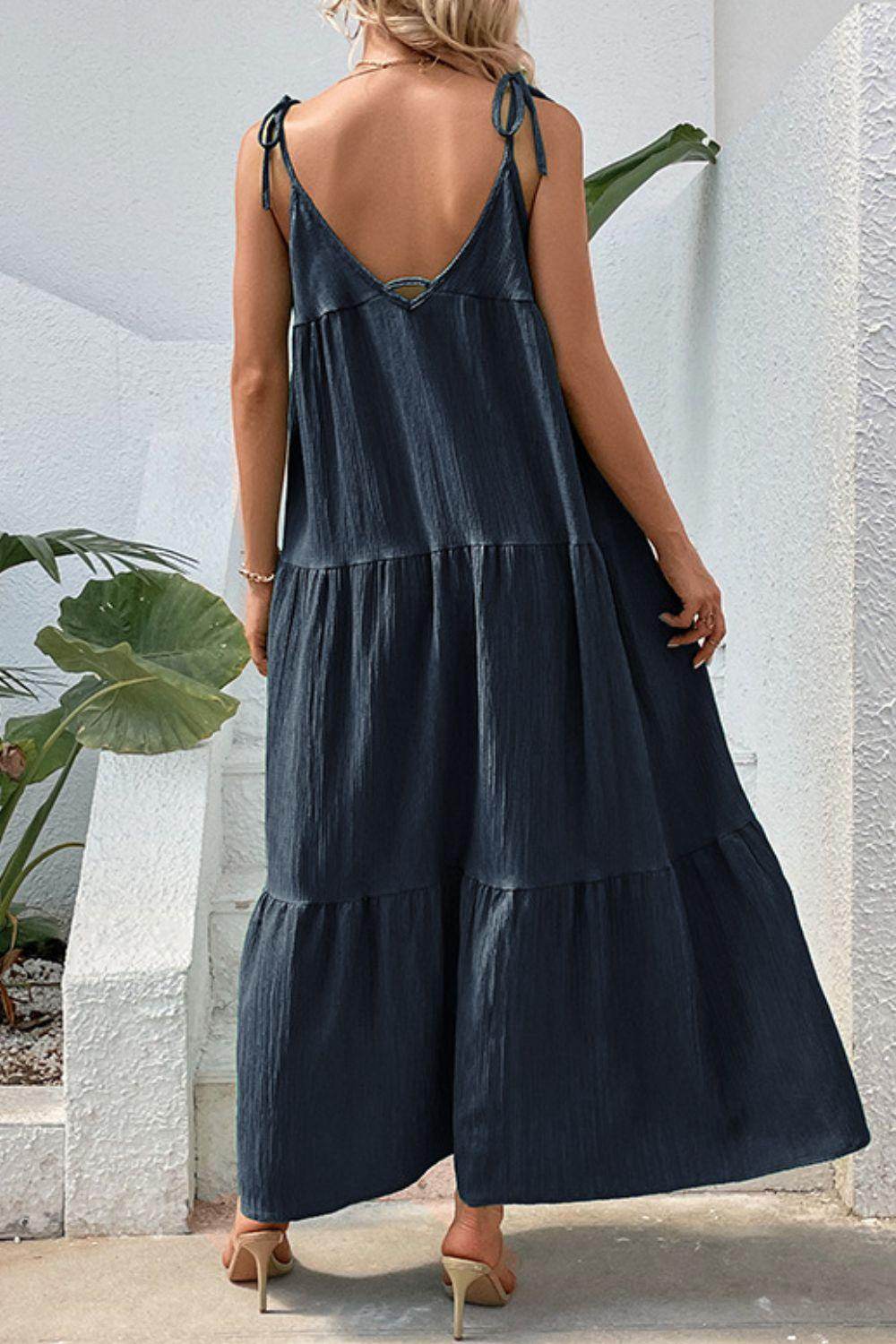 Perfee Tie-Shoulder Tiered Maxi Dress for Vacation Wear