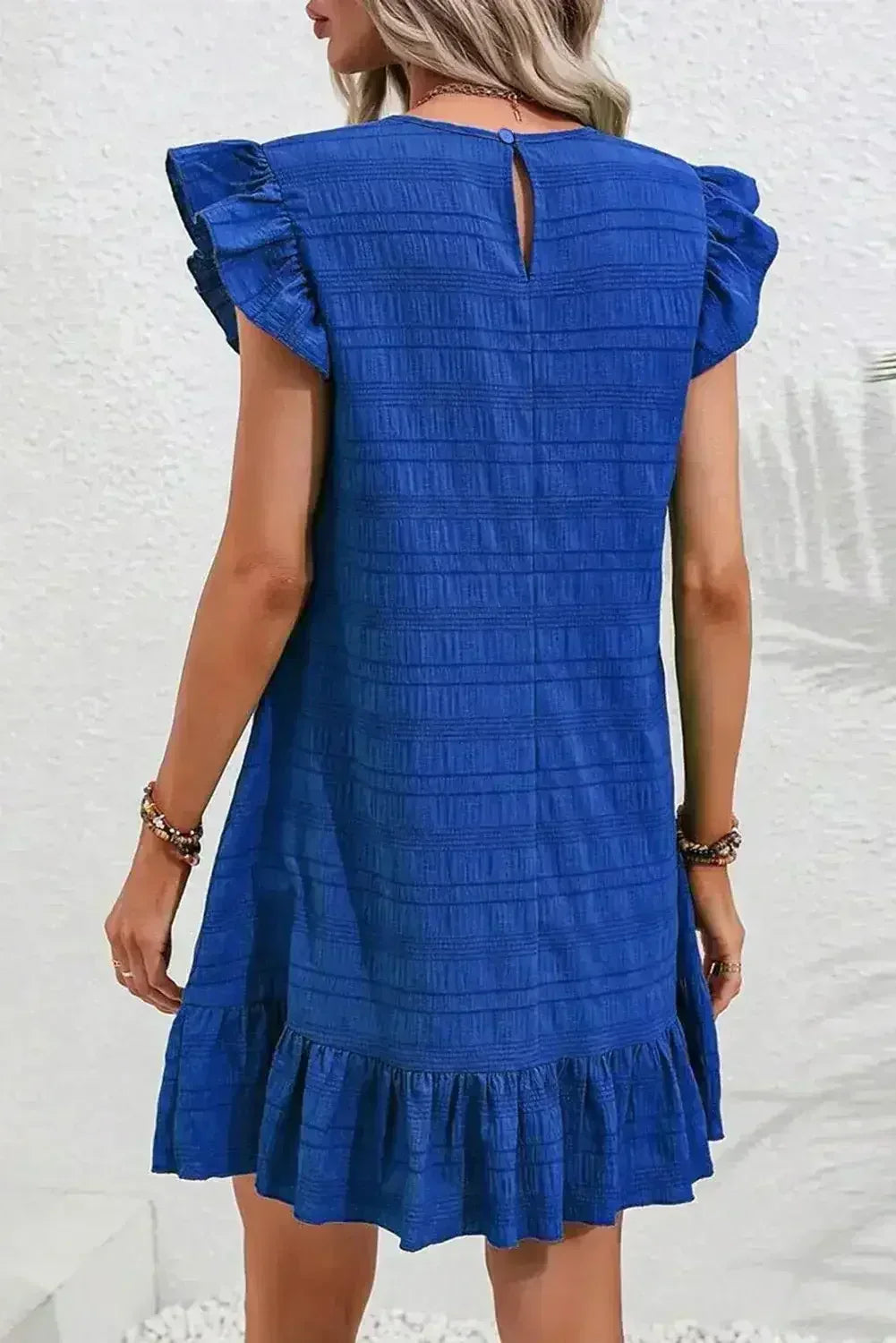 Dark Blue Textured Flutter Sleeve Ruffle Mini Dress