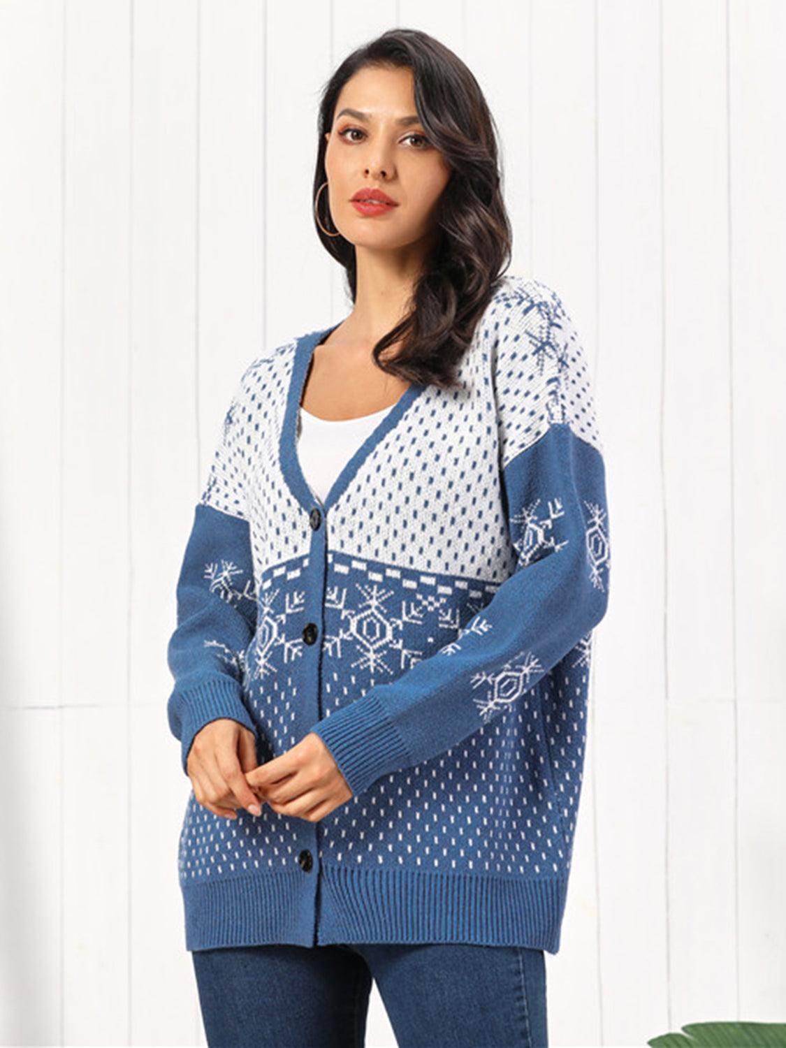 Snowflake Button Down Cardigan in Soft Stretchy Acrylic