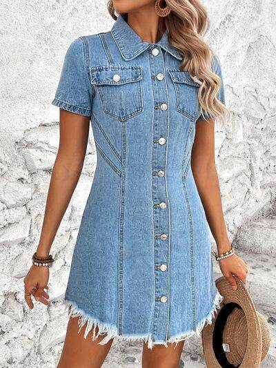 Raw Hem Button Up Short Sleeve Denim Dress for Women