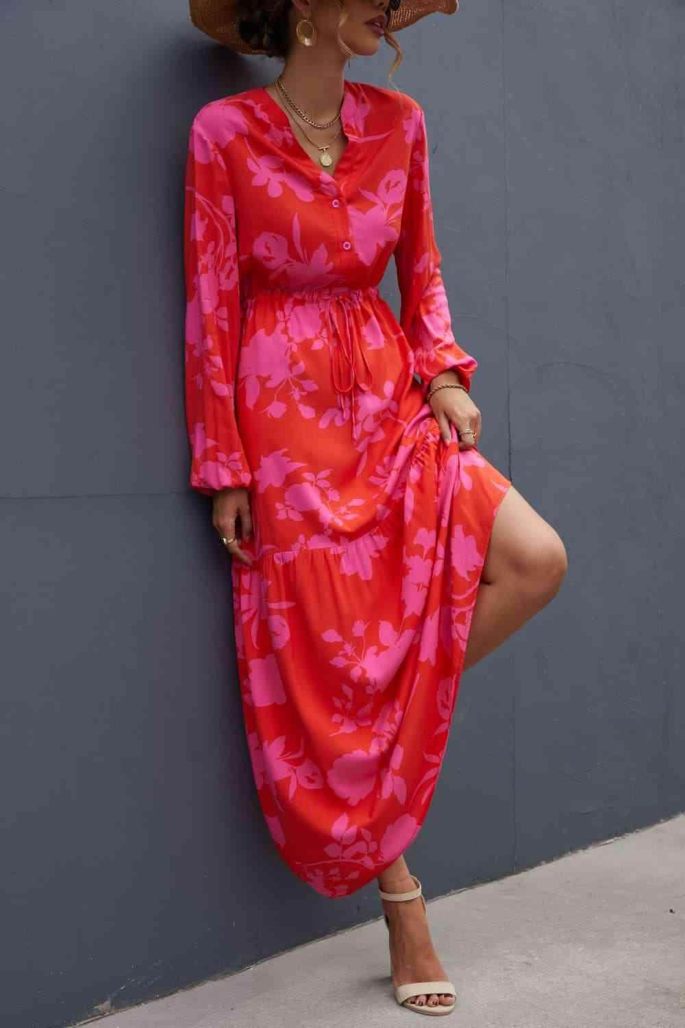 Floral Drawstring Waist Long Sleeve Dress for Women